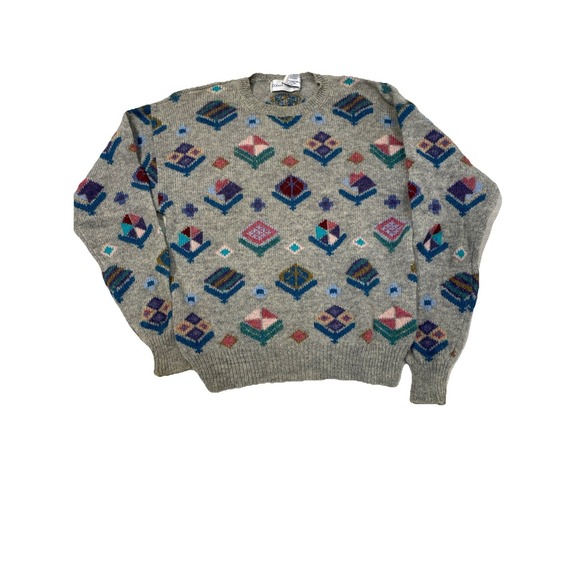 Scott Sweaters - VTG Robert Scott Ltd Women's M Grey Sweater geometric flower Crew Neck